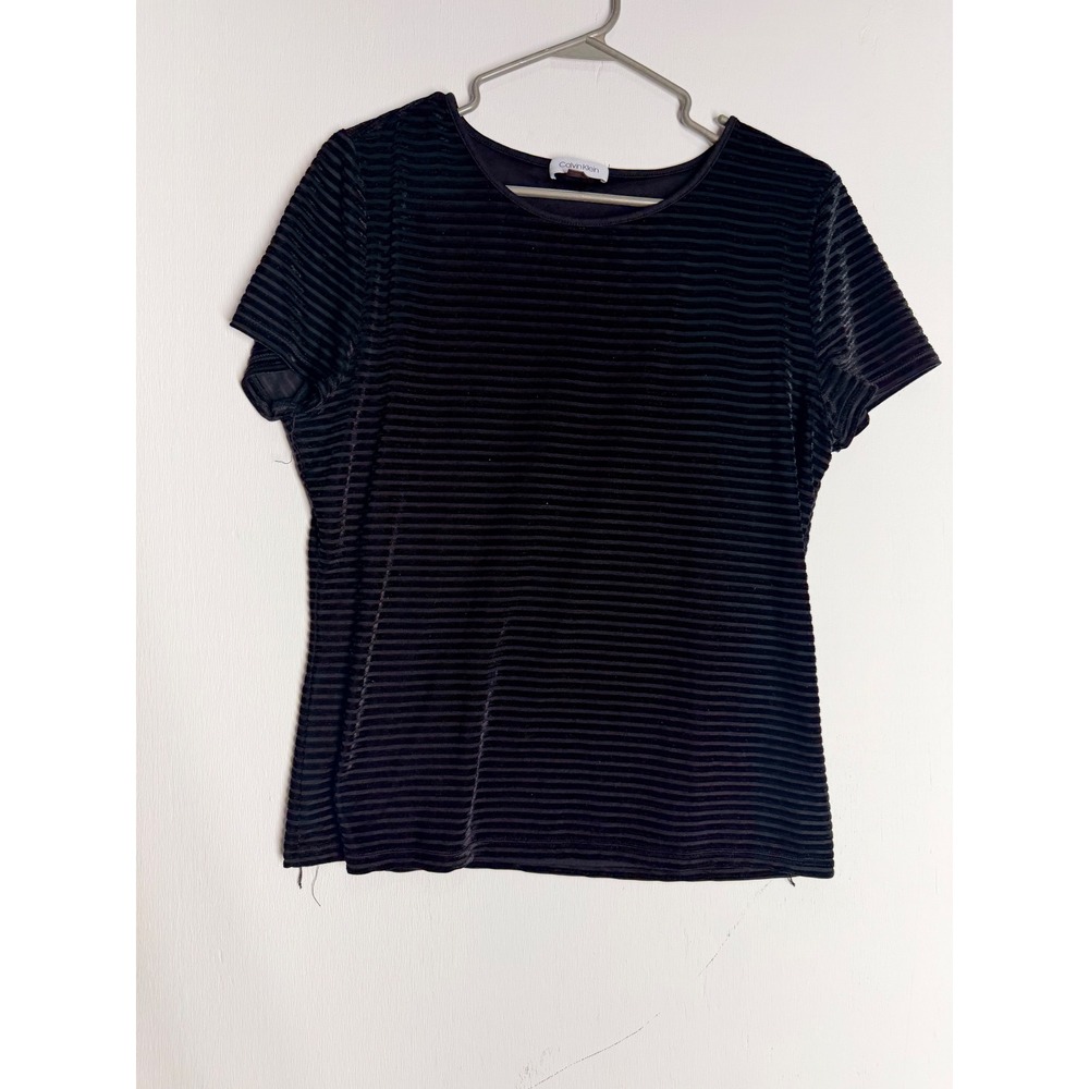 Calvin Klein Black Striped Velvet Textured Short Sleeve Top Large Womens Tee